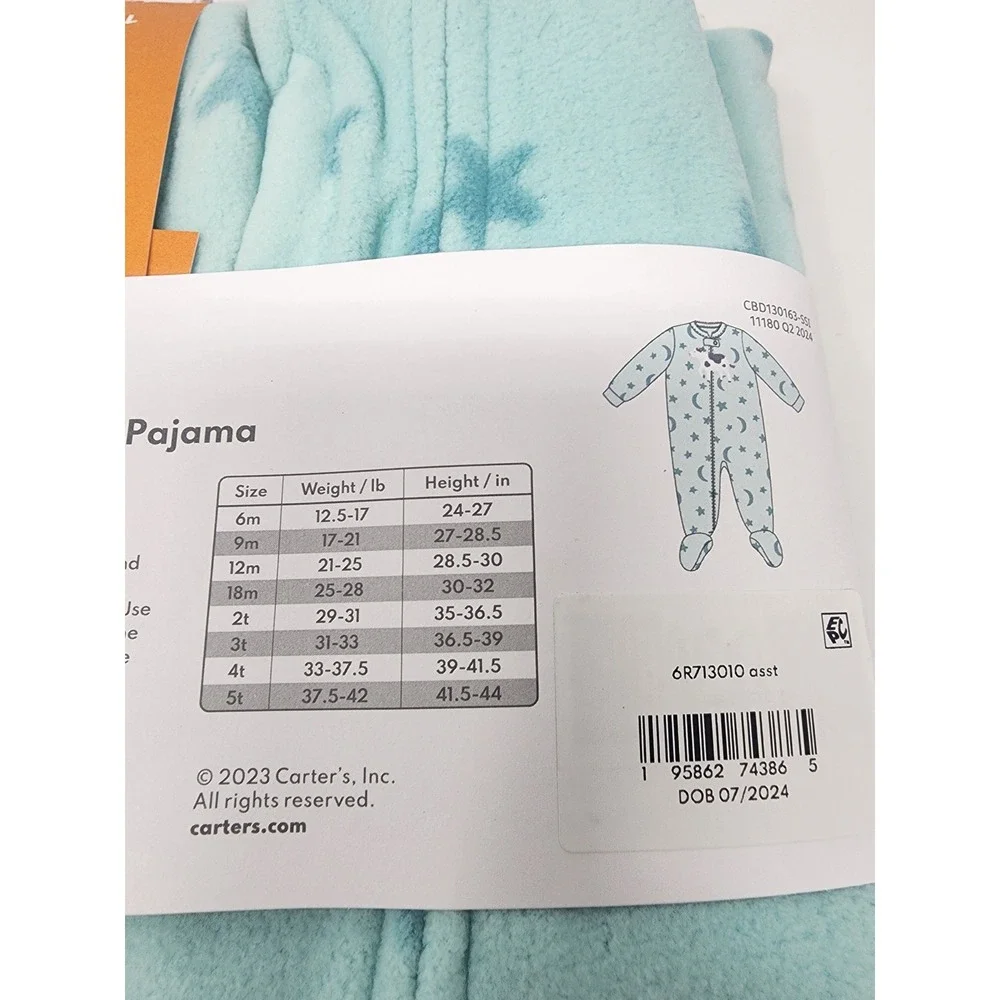 Carter's Boys Fleece Footie Pajamas Blue Polyester Star Moon Casual Size 12M
